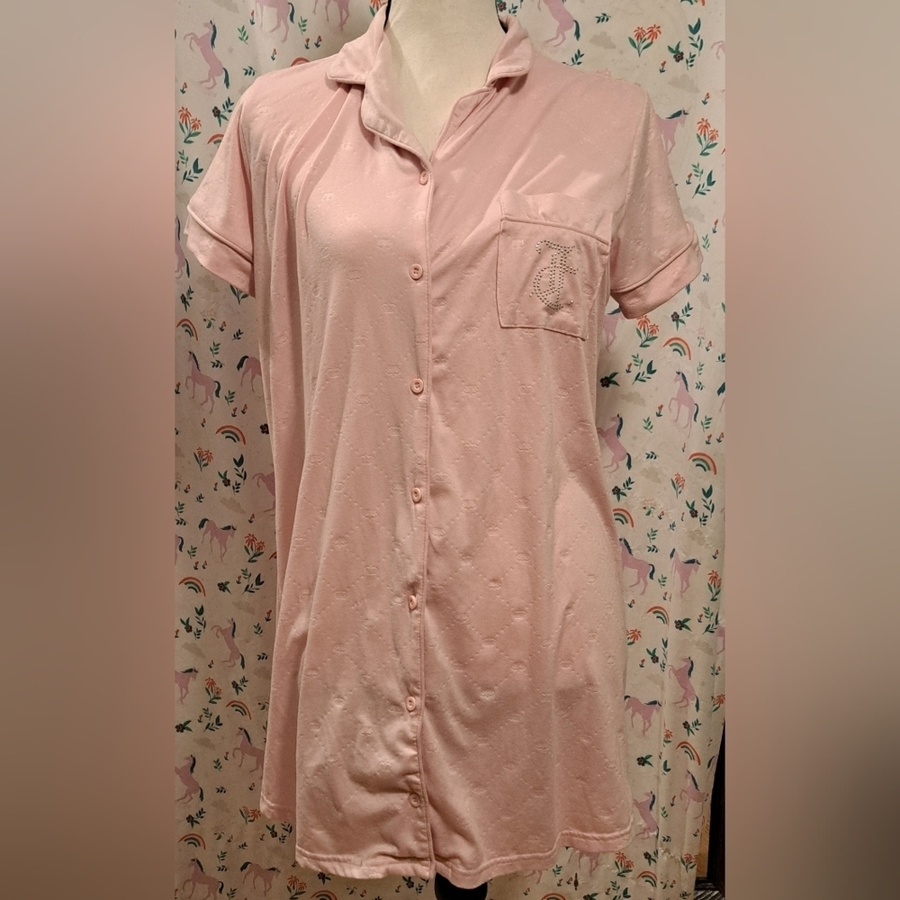 EUC Y2K Juicy Couture Pink Velour Bling Cozy Pajama Nightgown Sleep Top SZ S - Picture 2 of 8
